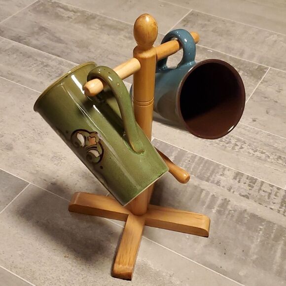Set of 2 Tall Mugs w/Wooden Stand - Picture 1 of 6
